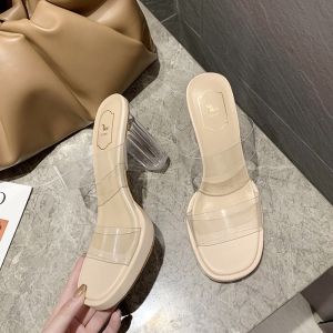 Transparent Crystal Chunky Heel Sandals Womens Fashion Outerwear Summer Spring New Arrival Korean Style Low Cut Roman Shoes