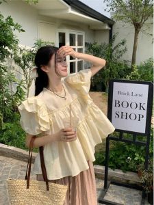 Áo Sơ Mi Nữ Phong Cách Cổ Điển Mùa Hè 2025 Mới Thiết Kế Viền Bèo Nhún Tay Bồng Cổ Bẻ Áo Choàng Ngắn Màu Trơn