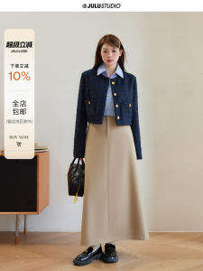 Juxiu Studio "island Princess" สั้น Kaki เสื้อแจ็คเก็ต หัวเข็มขัดสีทองสําหรับผู้หญิงอวบ สไตล์เกาหลี เสื้อครึ่ง กระโปรง ชุดแฟชั่น
