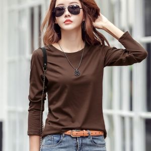 Loose T-Shirt Womens Long Sleeve Spring & Fall Winter Inner Bottoming Shirt Pure Cotton Outerwear Autumn Clothes Western Style T-shirt Coffee Top