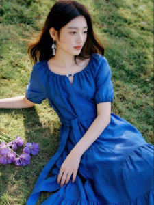 Vimly | Đầm Maxi Đai eo Mới Mùa Hè Tay Ngắn Màu Xanh Rayon Pháp