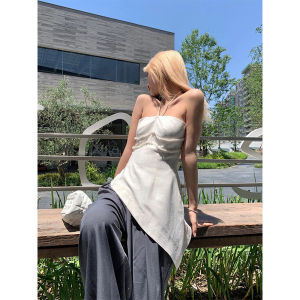 Gardenia Pure Desire Summer Womens Slim Fit Asymmetrical Hanging Neck Small Strap Top with Fringe Splice Regular Length