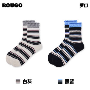 Rougo Color Block Stripe Green Socks Womens Thin Mid-Calf Summer Colorful Knitted Cotton Blend Briefs Home Comfortable Socks