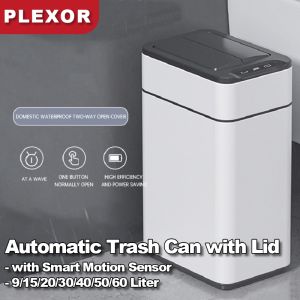 Plexor 2pcs 30L Smart Automatic Trash Can with Lid Motion Sensor Stainless Steel Garbage Can for Bedroom Bathroom Kitchen Office (Silver/White) -Receive in 2 Parcels