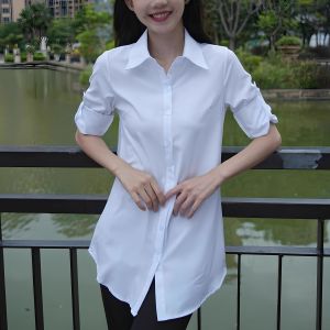 Fashionable Mid-Length White Shirt Womens plus Size Long Sleeve Cover Butt Trendy Korean Style Top Breathable Polyester Fabric