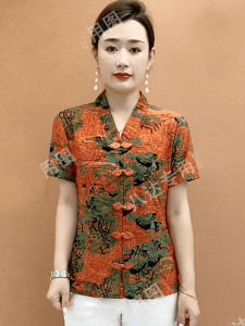 หลวม คอวี เสื้อยืดแขนสั้นปุ่มปมจีนเสื้อผ้าแม่ ฤดูร้อน ชุดทํางานรูปแบบคลาสสิกสไตล์ใหม่สําหรับผู้หญิงวัยกลางคน