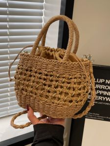 Summer New Womens Small Woven Basket Handbag Beach Vacation Crossbody Grass Bag Casual Canvas Lining Single Strap