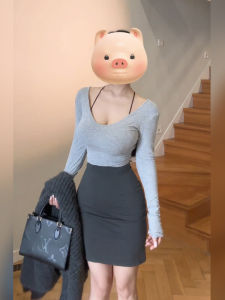 Keni French Style plus Size Womens Slim Fit Top And Skirt Set Autumn High Waist A-Line Dress Long Sleeve V-Neck Bodycon Outfit