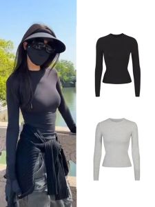 Slim Fit Long Sleeve Ice Silk Base Tee Womens T-shirt Inner Wear Top Black Color Enhancing Slimming Underwear Base Layer