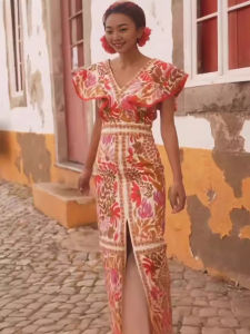 ผ้าระบายขอบแฟชั่นคอวี GY25103ตัดเป็นร่องเดรสเปิดแผ่นหลังลายดอกไม้