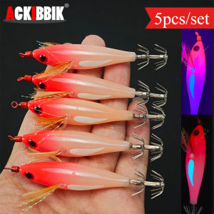 5pcs/set Horizontal Squid Jig Egi SetGlow Squid Jig KitWood Shrimp LuresArtificial Bait for Squid Octopus Cuttlefish