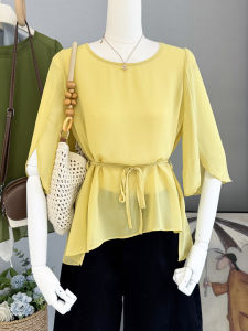 LIYANGANG | Irregular Belted Lightweight Summer New Short Sleeve Sun Protection Stylish Slimming Chiffon Blouse