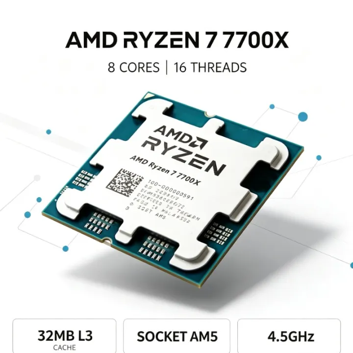 AMD | R7 7700X AMD Desktop CPU 8‑Core 16‑Thread 4.5GHz 5NM Process 32M L3 Socket AM5 PN 100‑000000591 Tray CPU Without Stock Cooler