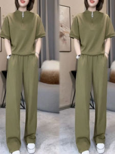 Summer Short Sleeve Sportswear Set Womens Loose Casual Mom Hoodie Stand Collar Two-Piece Set Fashionable New 2025