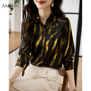 AMMIN 2024 new casual Commuter Vintage silk print chiffon Shirt For women is Korean chic and loose with puffed sleeves and striped Tops cardigan Blouse