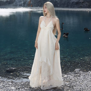 ชุดเดรสยาวสายเดี่ยวสไตล์ฝรั่งเศส ทรงเอ แขนกุด คอวี กระโปรงทรงเอ ผ้าฝ้ายผสมโพลีเอสเตอร์ ฤดูร้อน 2024 สำหรับผู้หญิงวัย 18-24 ปี