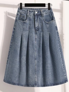 Rok denim pendek modis baru desain keriting pinggang tinggi nyaman dipakai rok jeans kasual