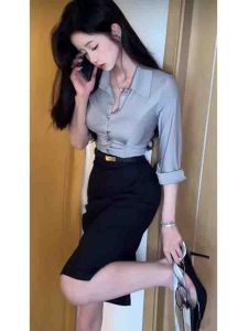Pure Desire Sweet Spicy Long Sleeve Shirt Autumn Winter High Waist A-Line Split Skirt Set Womens Fashion Polyester Fiber Button Closure