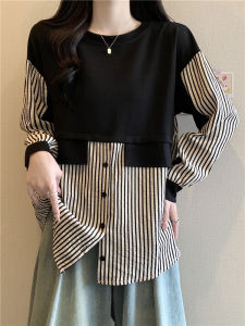 เสื้อเชิ้ตลายทางเข้ารูปสำหรับผู้หญิงไซส์ใหญ่ ทรงหลวม แขนยาว ปกโปโล ทรงเข้ารูป เสื้อเชิ้ตสองชิ้นปลอมสำหรับฤดูใบไม้ผลิและฤดูใบไม้ร่วง