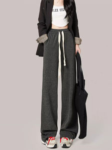 High Waist Wide Leg Rice Noodle Pants Womens plus Size Casual Drapey Straight Leg Drawstring Loose Fit Trousers Slimming Floor-Length