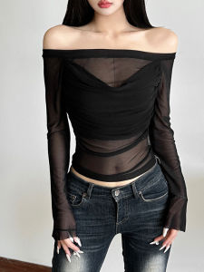 เสื้อเชิ้ตแขนยาวเปิดไหล่สีพื้นสำหรับผู้หญิงในฤดูใบไม้ผลิ 2025 ทรงเข้ารูป สไตล์สาวฮอต เส้นใยโพลีเอสเตอร์