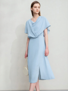 AMII | Summer Simple Commuter Elegance Pure Color Asymmetrical Design Draped Collar Fit Mid-Length Dress
