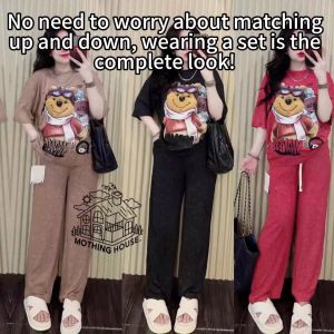 Casual Sets Terno for Women Korean Cartoon Cute Teddy Bear Sports Loose and Comfortable T-shirt and Pants Combination Set