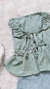 DNEMNLPH Donna Front Self-Tie Peplum Summer Top - BKK Smocked Adjustable Strap Croptop Sleeveless Womenswear Beach Freesize Garter