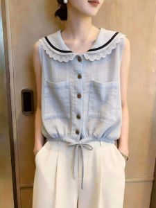 KUNAILIN | Navy Collar Lace Edge Sleeveless Waist-Drawstring Commuter Style Shirt Light Blue