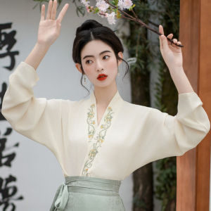 Elegant Embroidered Hanfu Shirt Womens Style Plane Sleeve Traditional Chinese Collar Matched with Horse Tailed Skirt