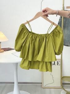 New Women Puff Sleeve Blouse Square Neck Layered Spaghetti Strap Baby Doll Top