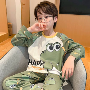 Cotton Children Pajamas Autumn and Winter Long-Sleeved Long Trousers Boys Combed Cartoon Pajamas Two-Piece Round Neck Kids Home