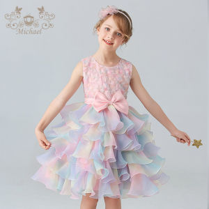 Girls Princess Skirt Cake Hem Tulle Wedding Dress Childrens Flower Girl Host Show Performance Piano Dance Summer Dress