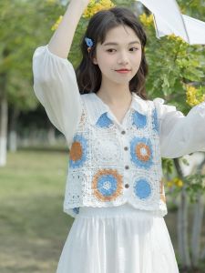 Lace Hollow out Splice Long Sleeve Womens Knitted Shirt Spring Summer New Style V-neck Korean Version Polyester 100%