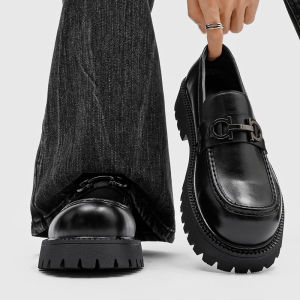 2025 New round Toe Casual Loafers Thick Bottom 5cm Heightening Mens Dark Metal Slip-On Derby Shoes Fashionable Youth Style