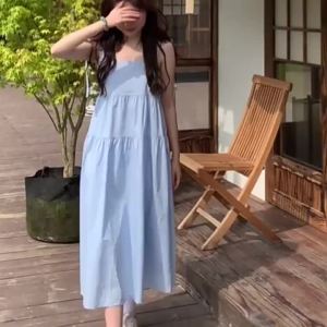 Korean Style White Bow Slip Dress Summer Lace-up Mid Length Dress Small Fresh Dress For Women