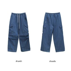 CBXLAB Street Dance อินเทรนด์ ยี่ห้อ ฮิปฮอป Deep Blue แนวตั้ง ลายทาง เดนิม กางเกงลำลอง Vintage Nomadic Style Jazz หลวม Fit กางเกงขายาว