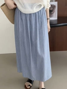 AB [ready stock] High Waist Striped Skirt Elastic waist Long Maxi Skirt Women Wanita Baharu Baju Perempuan Style