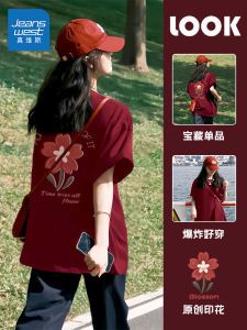 Jeanswest Red Short Sleeve T-Shirt Womens 2025 New Year Snake Year round Neck Cotton Casual Summer Top Chinese Zodiac Year