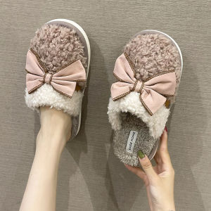 Warm Fleece Slippers Womens Indoor Home Silent Anti-slip Cute Butterfly Knot Cotton Slippers Autumn Winter New Arrival