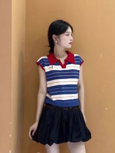 Áo Thun Tay Ngắn Cổ Polo Sọc Màu Tương Phản Bằng Lụa Băng Thiết Kế Mùa Hè Cho Nữ Áo Ngắn Tay Lửng Áo Thun Thường Ngày