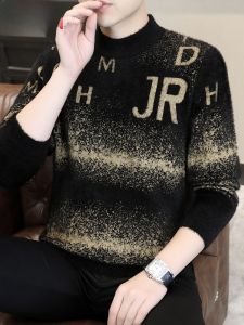 HENGYUANXIANG | Hengyuanxiang Mens Knitted Sweater Half High Collar Loose Thick Warm Mink Velvet Winter Fashion City Style Long Sleeve Top