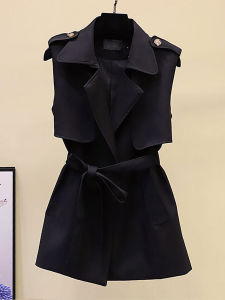 British Style Womens Loose Waistcoat Jacket Sleeveless Suit Vest Autumn Fashion Small Size Belted Outerwear Coat