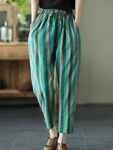 กางเกงขายาวทรงหลวมสไตล์ฮาราจูกุผ้าฝ้ายลินินลายทางสำหรับผู้หญิง กางเกงขายาวทรงหลวมเอวยางยืด กางเกงขายาวทรงหลวมสำหรับผู้หญิง