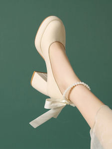 Elegant French Mary Jane Womens Shoes 2025 New Style White Wedding Shoes Matching Skirts Waterproof Platform Thick Heel High Heels