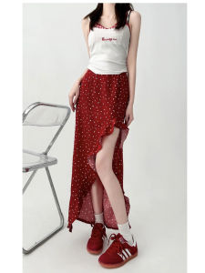 French Red Polka Dot A-Line Mini Skirt Women Summer 2025 New Small Size Asymmetrical Long Skirt High Waist Commute Style