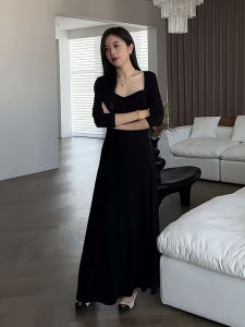 NINGXI | French Hepburn Style Black Square Neck Long Sleeve Elegant Waist-Cinching Dress