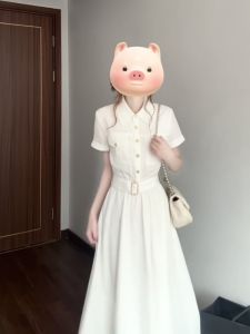 HUAYILING | French Style White Short Sleeve Shirt Dress Womens Summer New Gentle Waist Cinching Long Skirt Elegant High Waist A-Line Dress