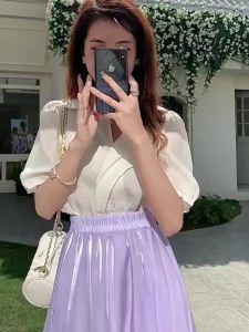 321สีม่วง เอวสูง ทรงเอ กระโปรงยาวปานกลาง ผู้หญิง ฤดูใบไม้ผลิ ฤดูร้อน พรางหุ่น ดีไซน์ดอกตูม พลีท ชุดราตรี สไตล์เกาหลี เดินทาง