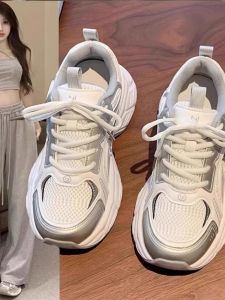 Leather Thick Bottom Dad Shoes Womens Casual Sports Sneakers Breathable Mesh Low Top round Toe Deep Mouth Spring Summer Fashion